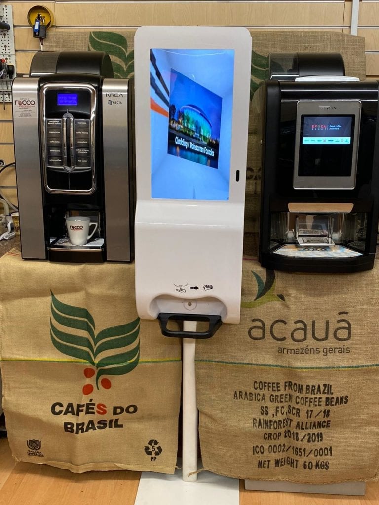 Self-service coffee machines with no-touch hand sanitising station